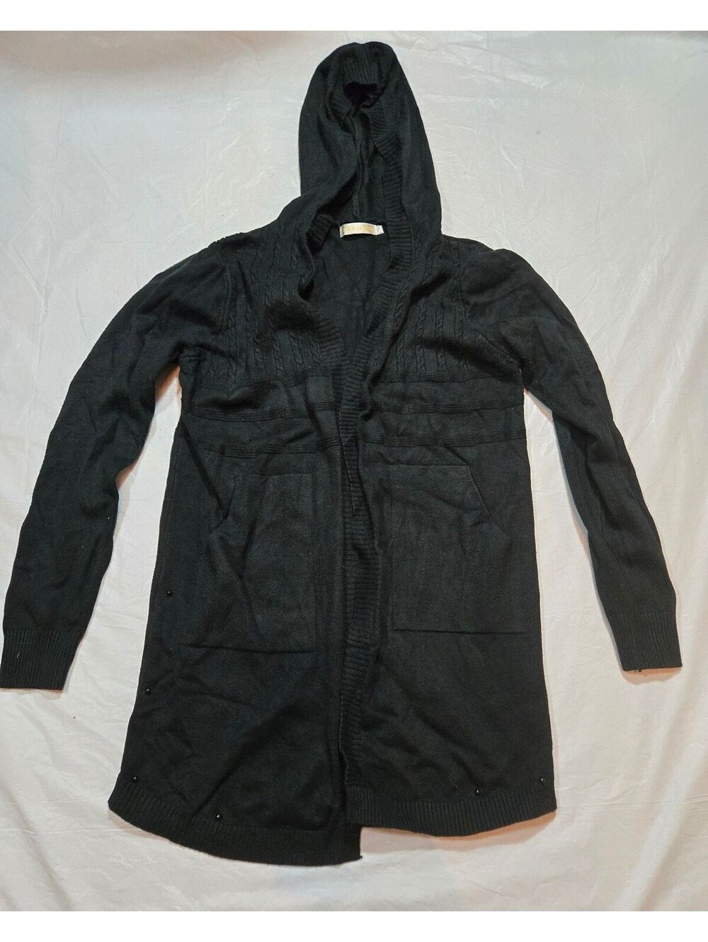 Black Leopard Women's S Black Hooded Cable Knit Long Cardigan Sweater